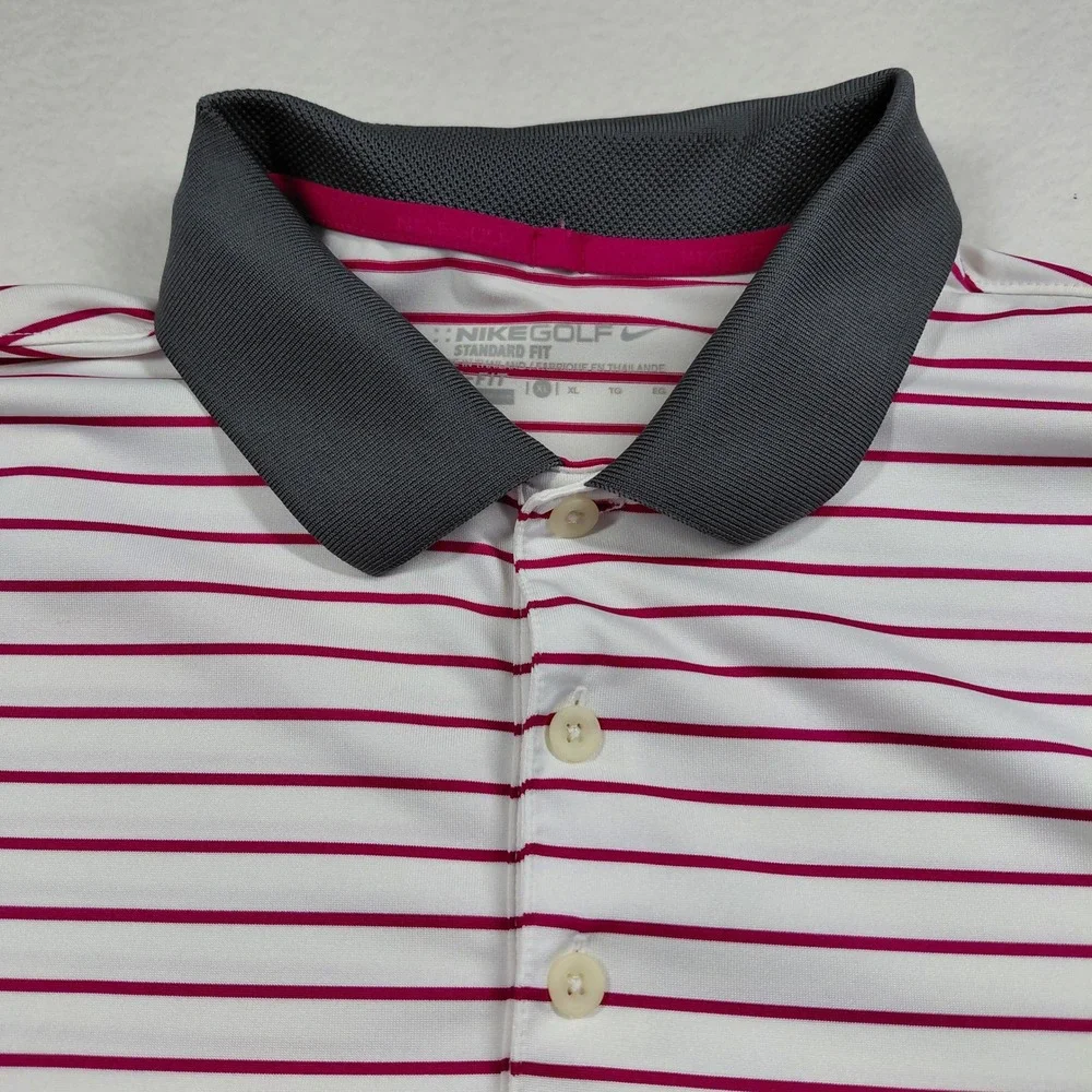 Nike Dri-FIT Polo Shirt Mens XL pink White Striped Short Sleeve Golf Performance